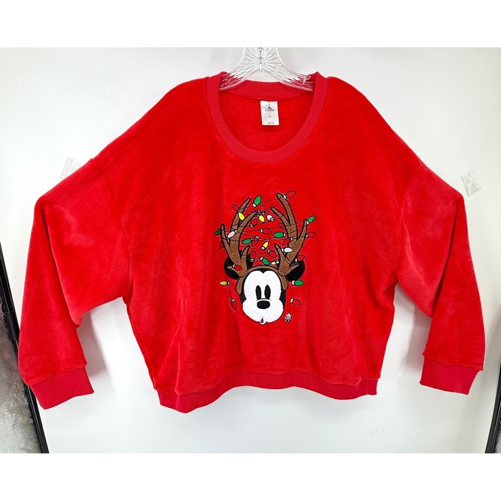 Disney Mickey Mouse Reindeer Christmas Lights Red Plush Fleece Sweatshirt 2XL